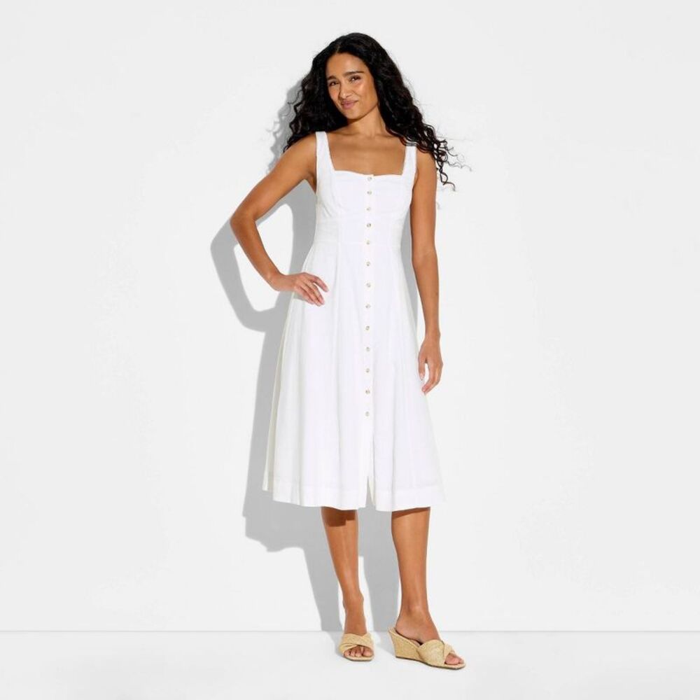 Women's Button-Front Midi A-Line Dress - Wild Fable White L - Picture 2 of 4